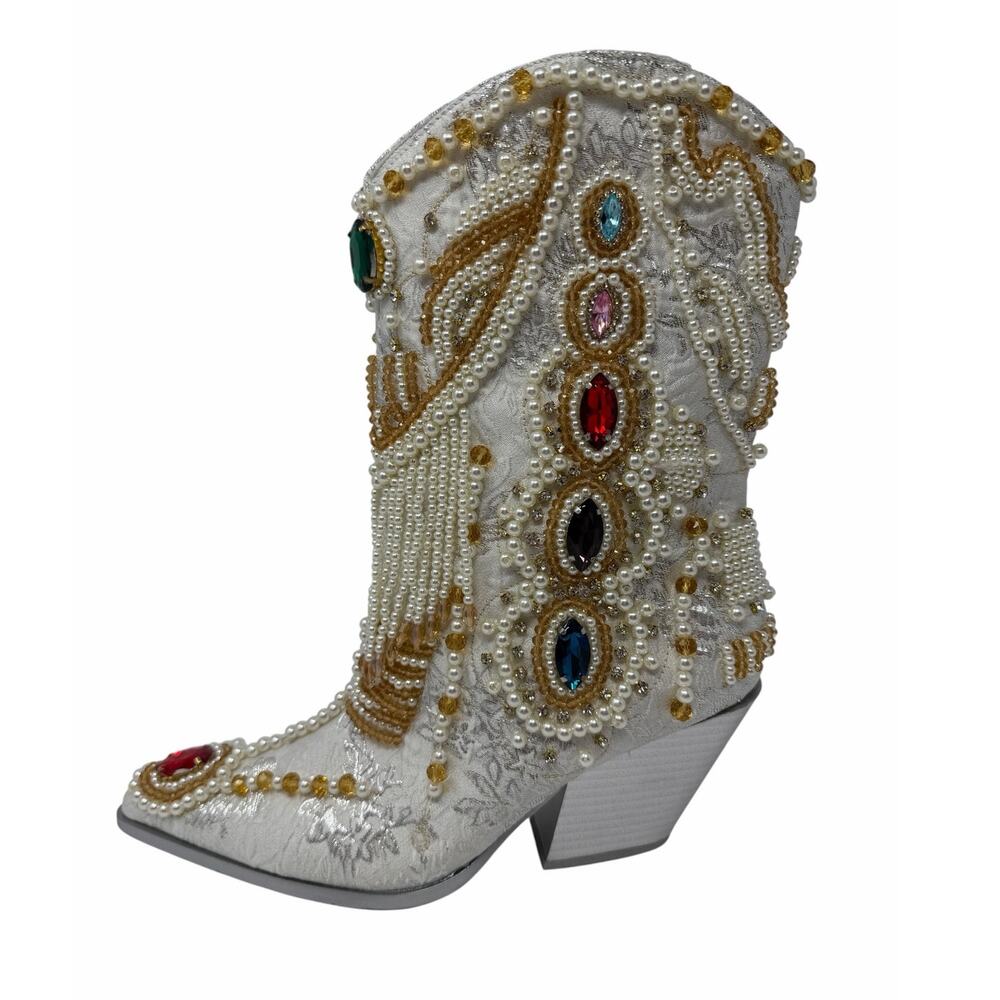 Azalea Wang Astounding White Jewel Beaded Pearl Western Cowboy Boots Size 6